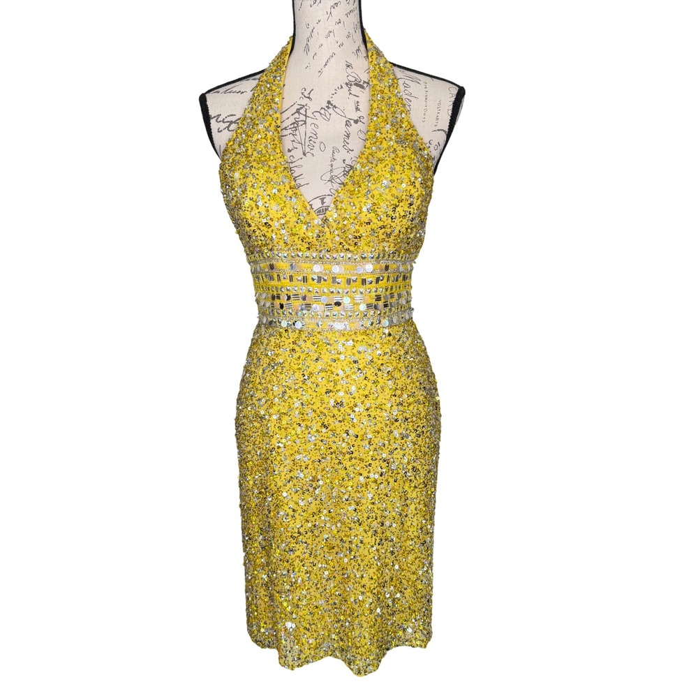 Scala Yellow Sequin Beaded Halter Neck Cocktail‎ Dress Formal Evening Gown NEW